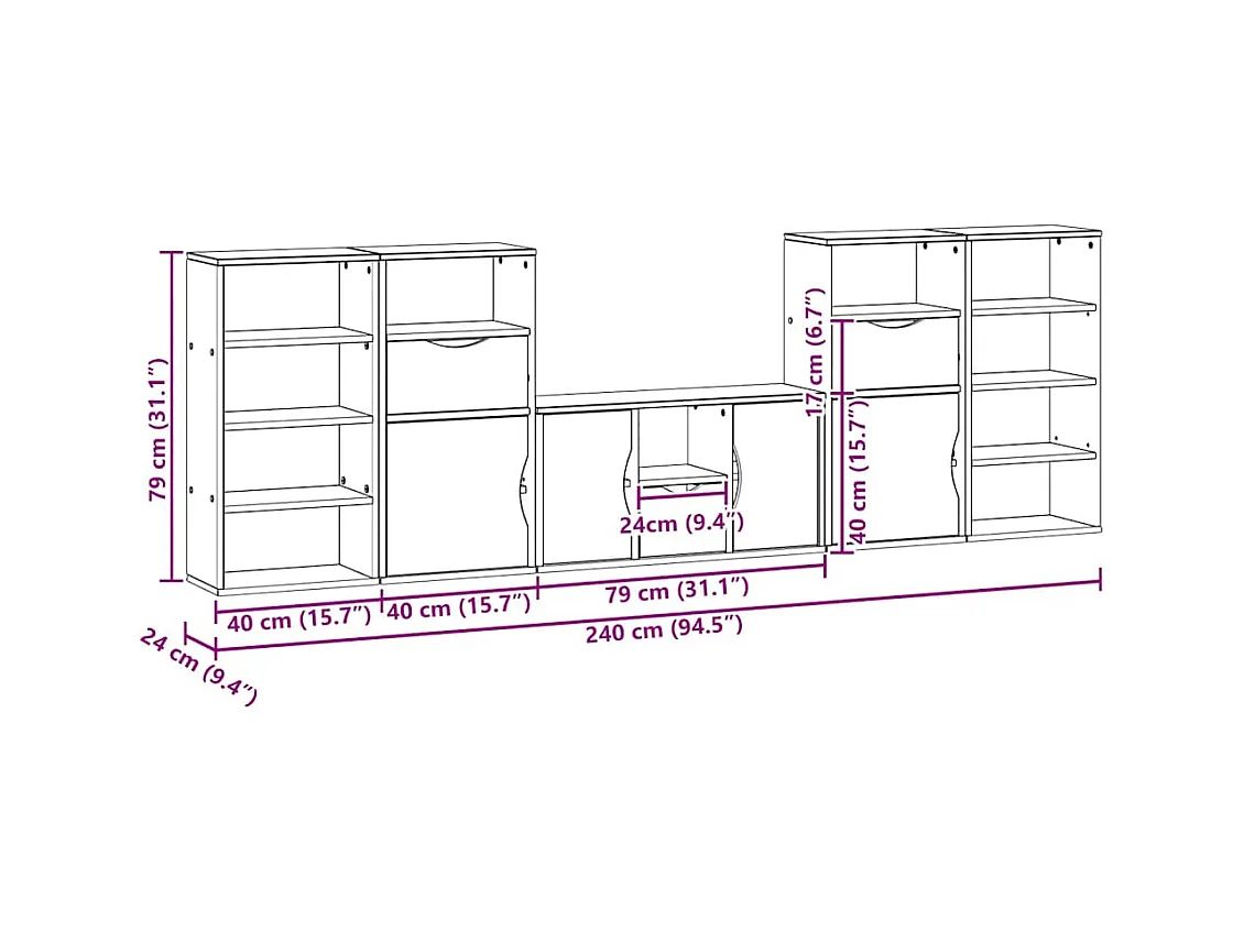 Meubles TV 5 pcs avec rangement ODDA blanc bois de pin massif