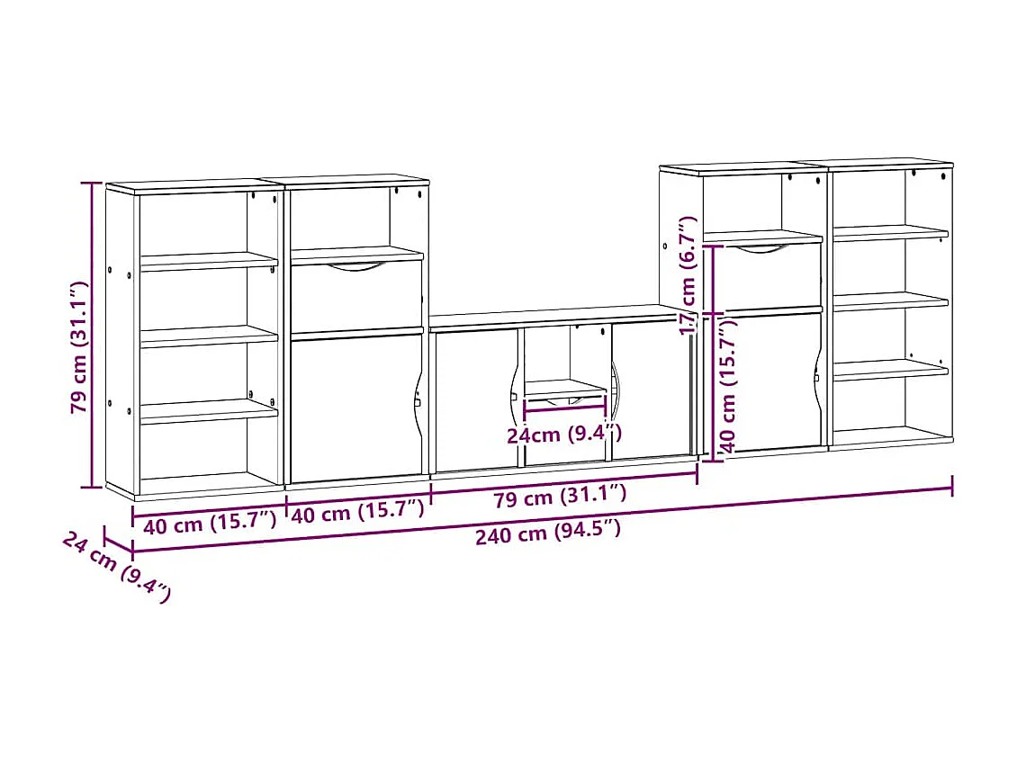 5-delig Tv-meubel met opbergruimte ODDA massief grenenhout wit