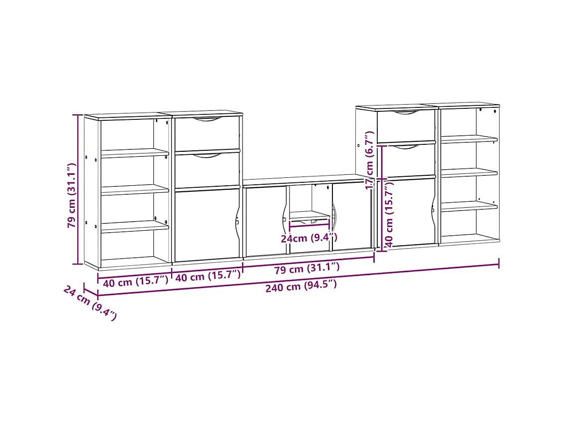 Meubles TV 5 pcs avec rangement ODDA blanc bois de pin massif