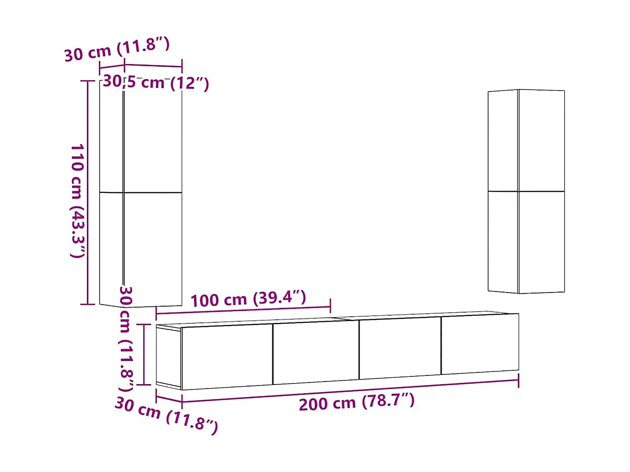 Meubles TV muraux 4 pcs vieux bois bois d'ingénierie