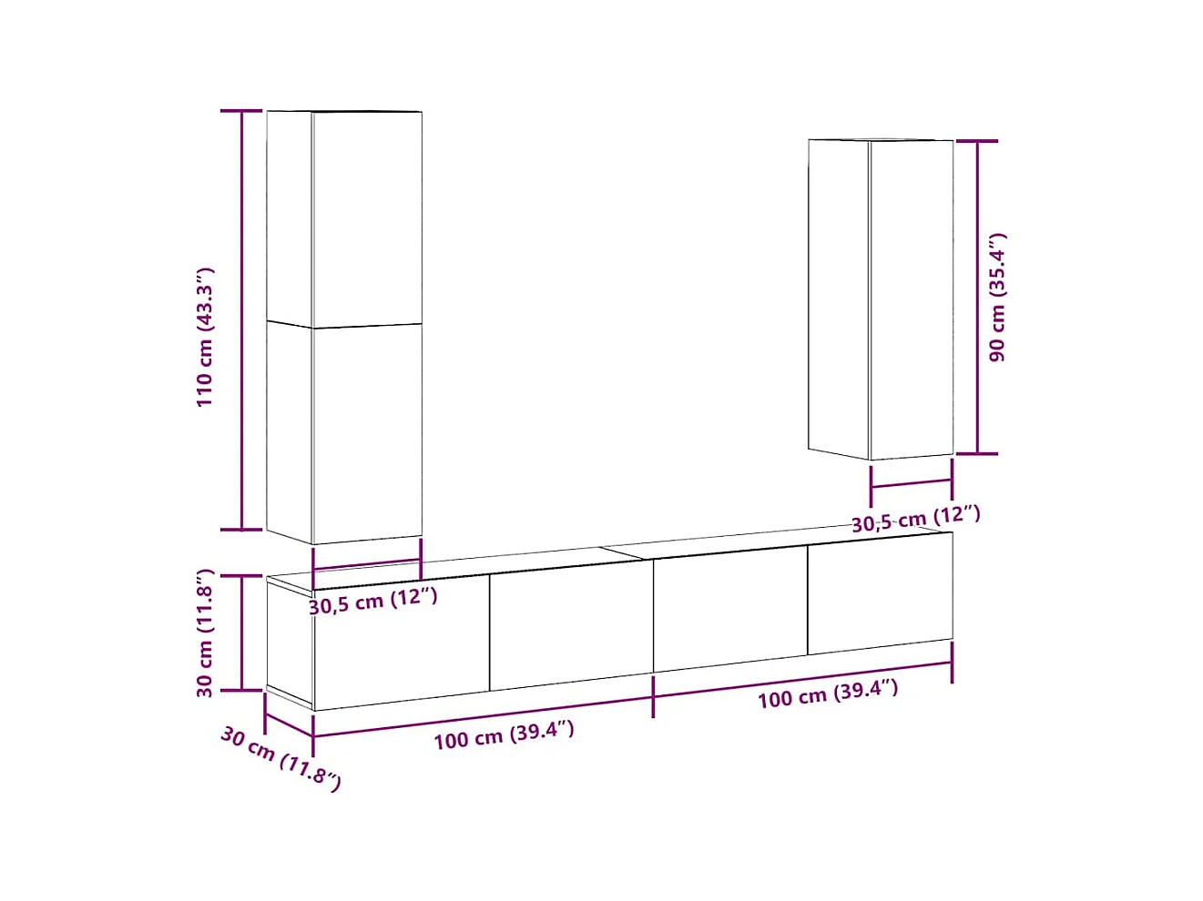 Set Mobile TV 4 pz Montato a Parete Rovere in Legno Multistrato