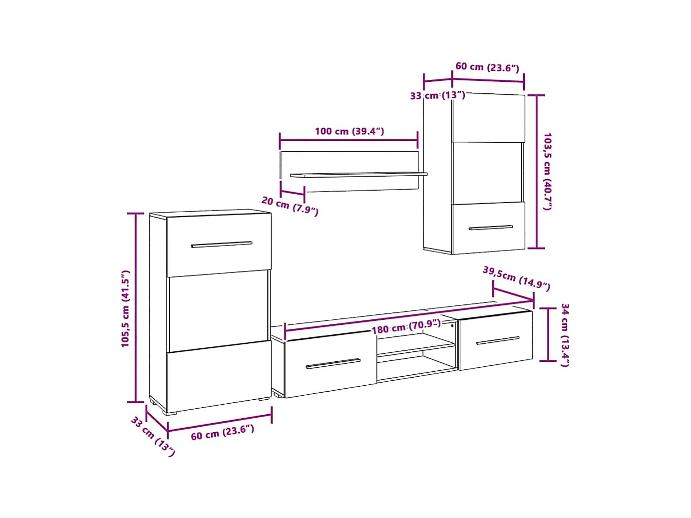 Meubles TV avec lumière LED 5pcs chêne sonoma bois d'ingénierie