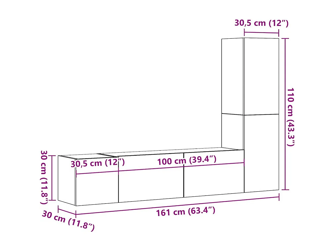 armários de TV montados na parede 3 pcs madeira velha
