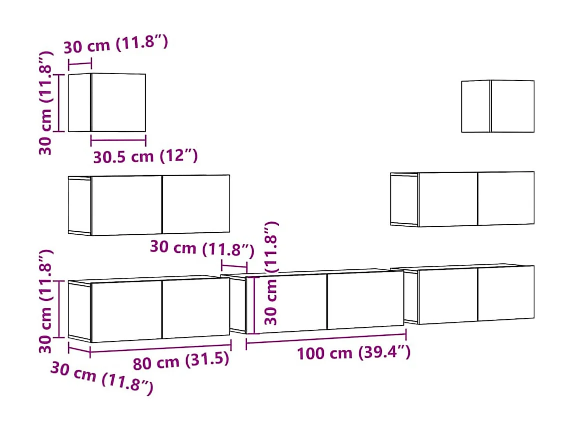 Conjunto de armário TV 7 peças montado na parede madeira antiga