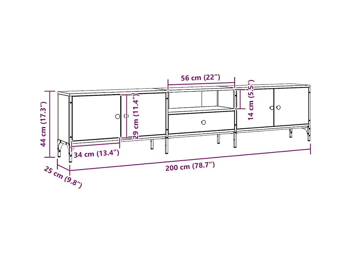 Tv-meubel met lade 200x25x44 cm bewerkt hout artisanaal eiken
