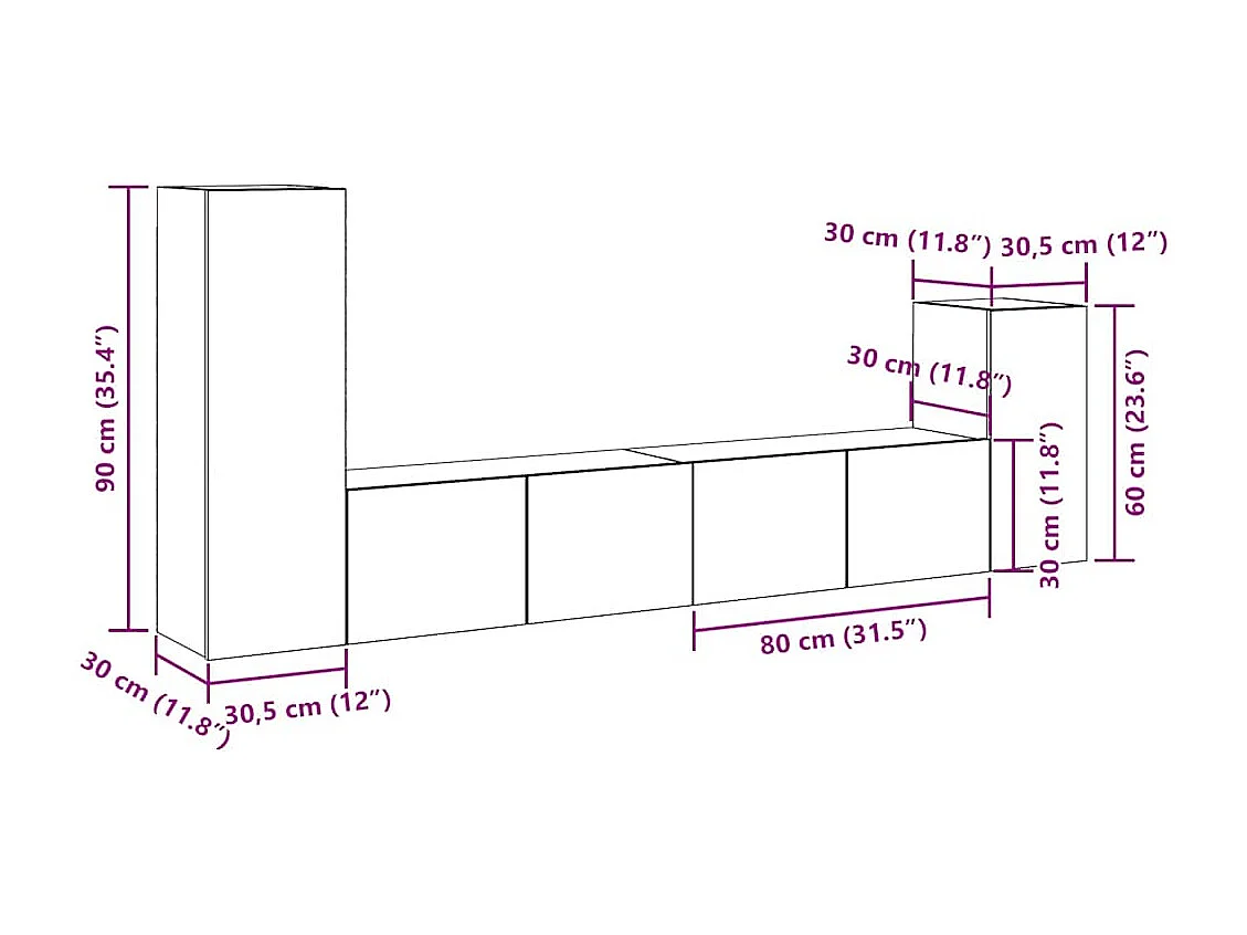 Set Mobile TV 4 pz Montato a Parete Rovere in Legno Multistrato
