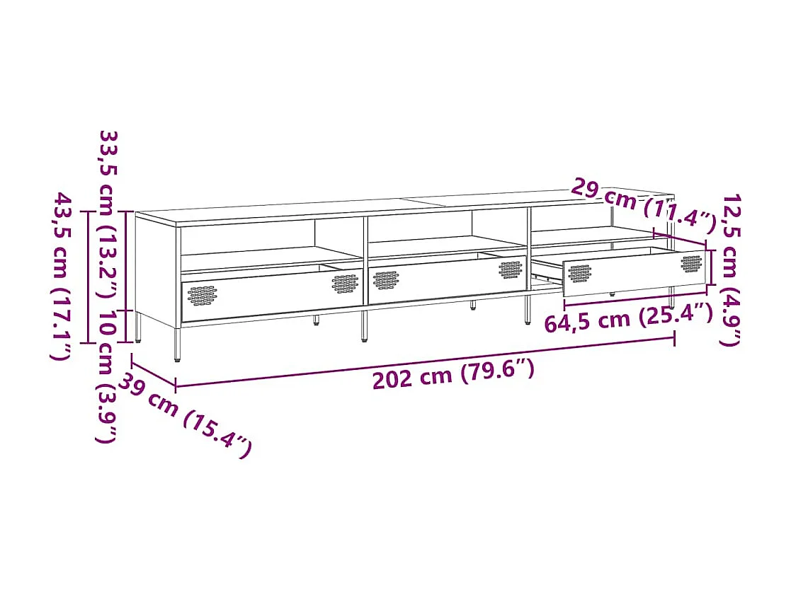 Meuble TV rose 202x39x43,5 cm acier laminé à froid