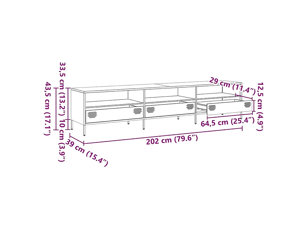 Tv-meubel 202x39x43,5 cm koudgewalst staal roze