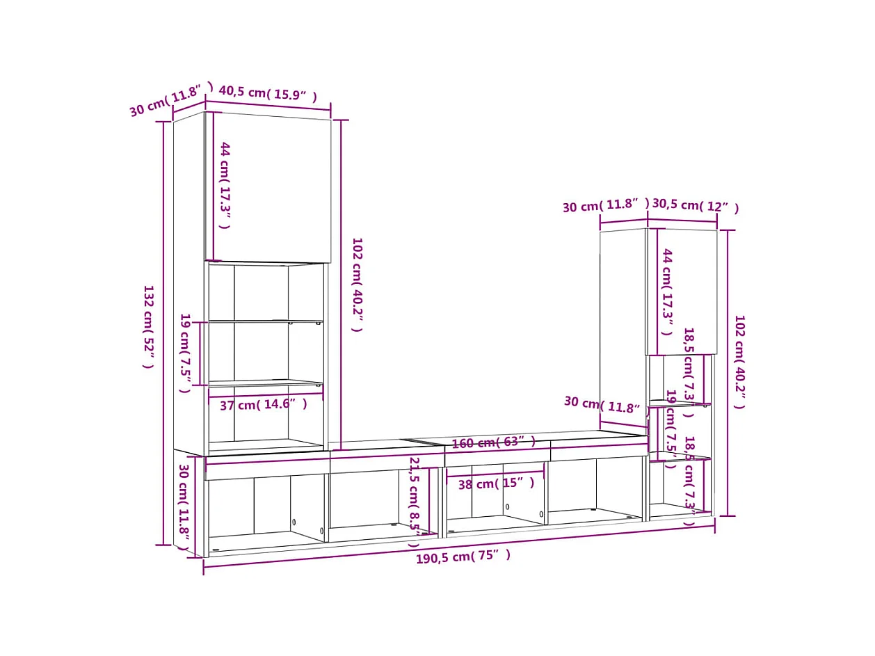 8-delige tv-wandmeubelset met LED bewerkt hout gerookt eiken