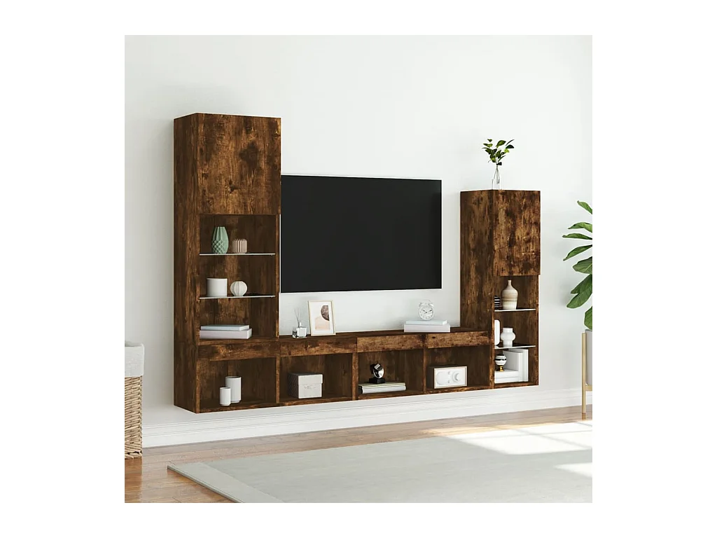 8-delige tv-wandmeubelset met LED bewerkt hout gerookt eiken