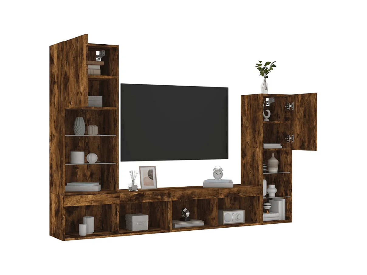 8-delige tv-wandmeubelset met LED bewerkt hout gerookt eiken