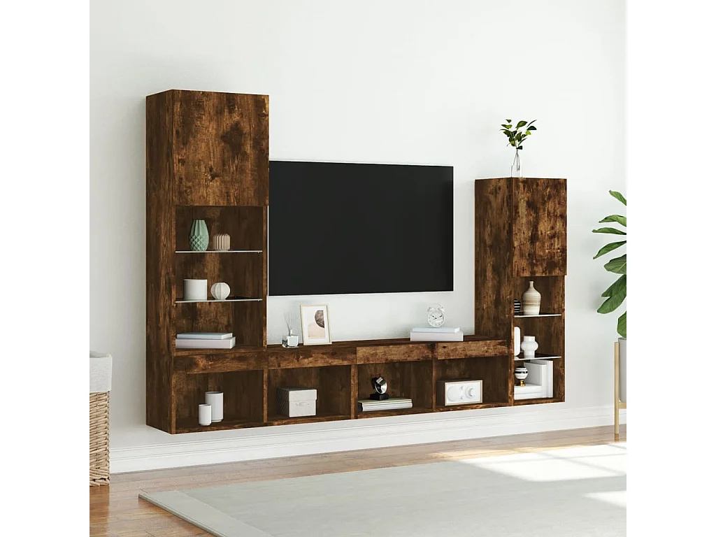4-tlg. Wohnwand mit LED-Beleuchtung Räuchereiche Holzwerkstoff