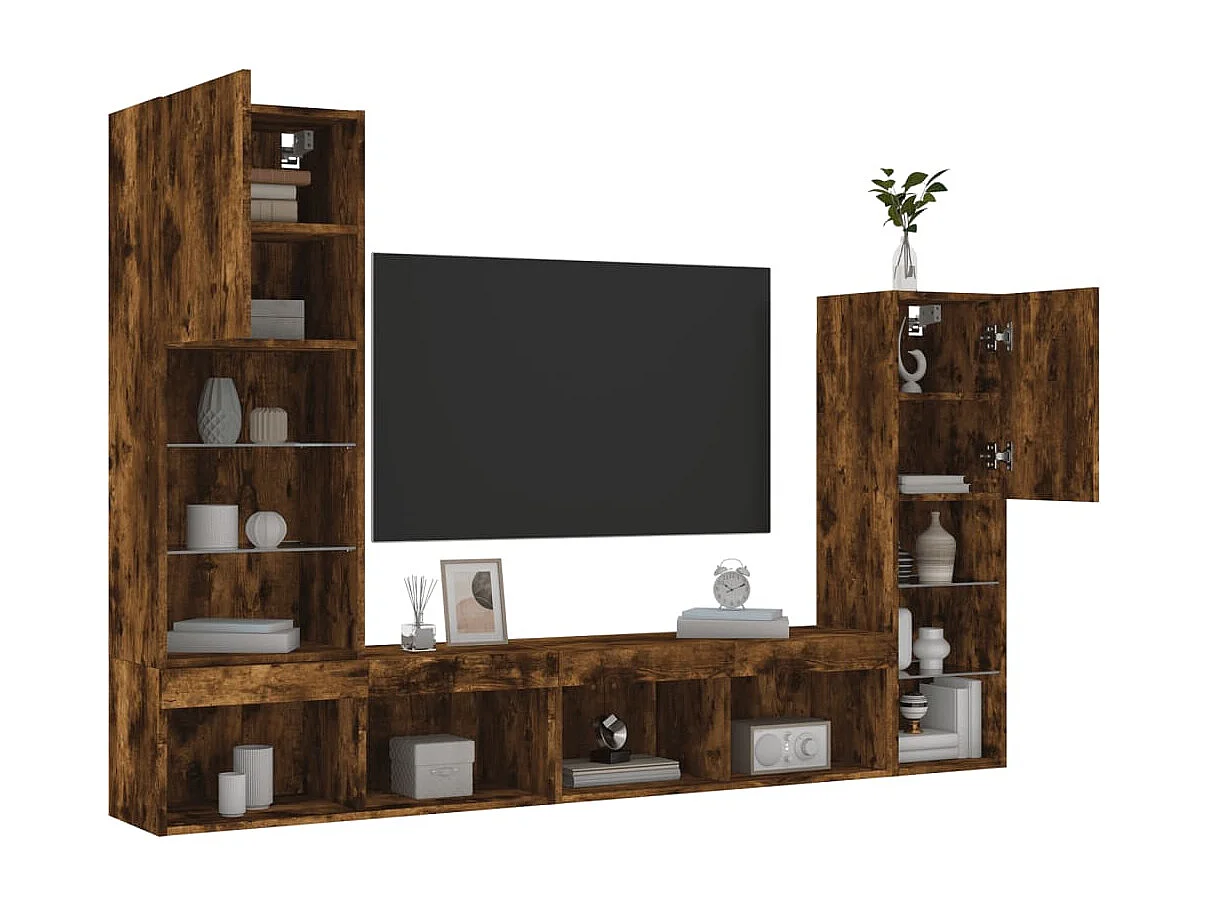 4-tlg. Wohnwand mit LED-Beleuchtung Räuchereiche Holzwerkstoff