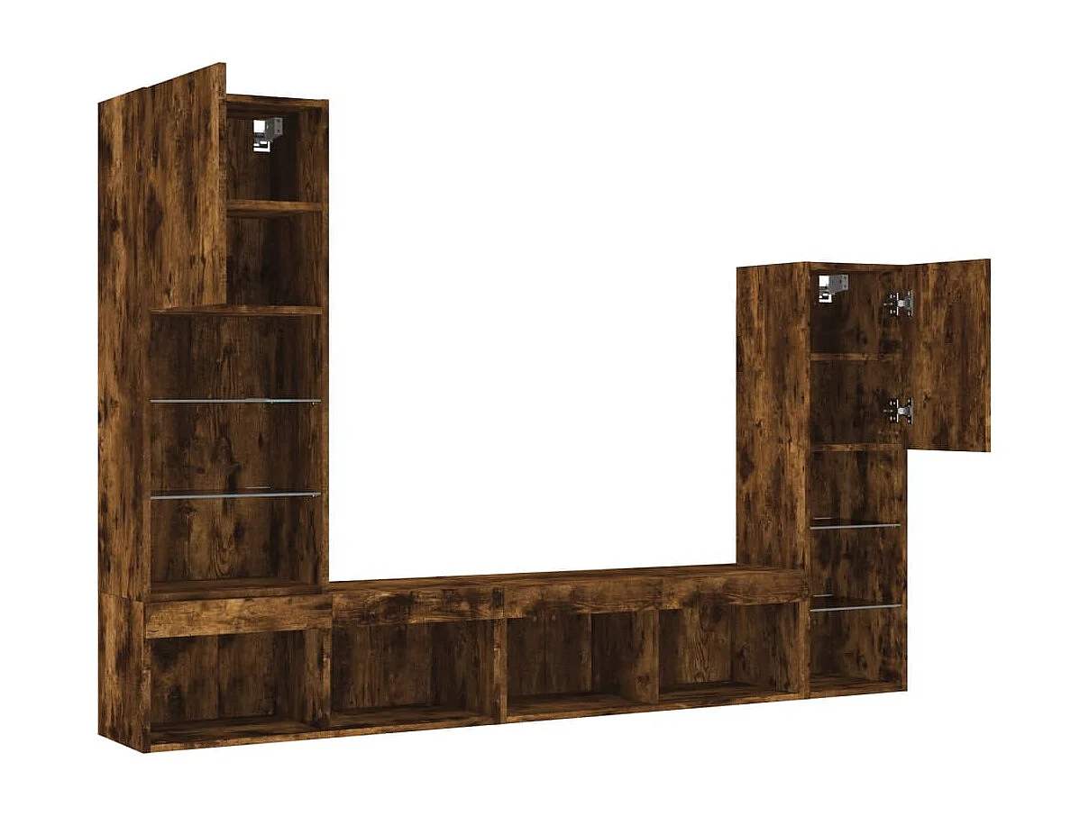 4-tlg. Wohnwand mit LED-Beleuchtung Räuchereiche Holzwerkstoff