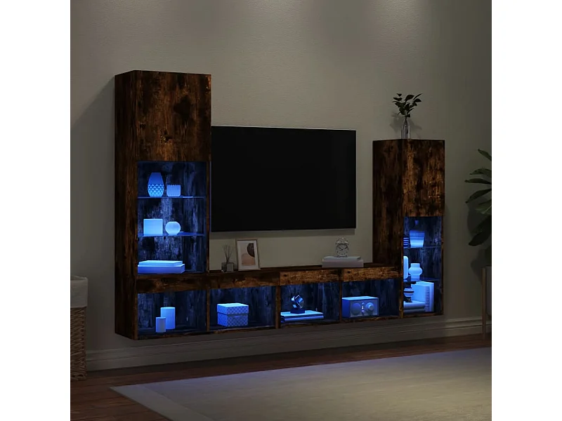 8-delige tv-wandmeubelset met LED bewerkt hout gerookt eiken