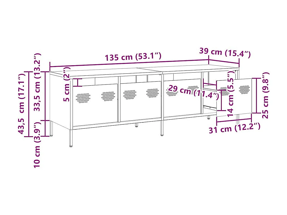 Meuble TV rose 135x39x43,5 cm acier laminé à froid