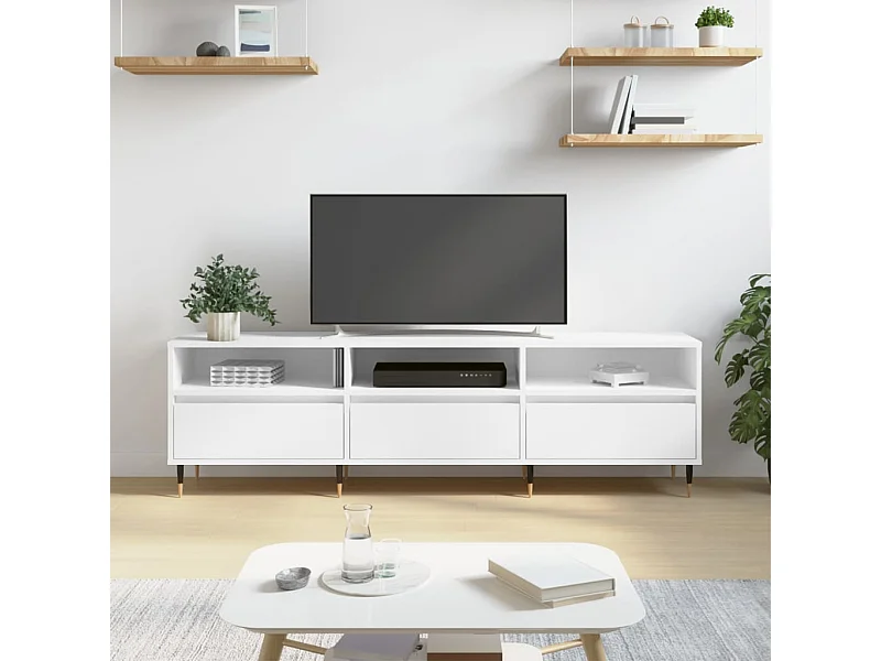Biały mebel TV 150x30x44,5 cm z drewna inżynieryjnego z dużą przestrzenią do przechowywania i żelaznymi nogami