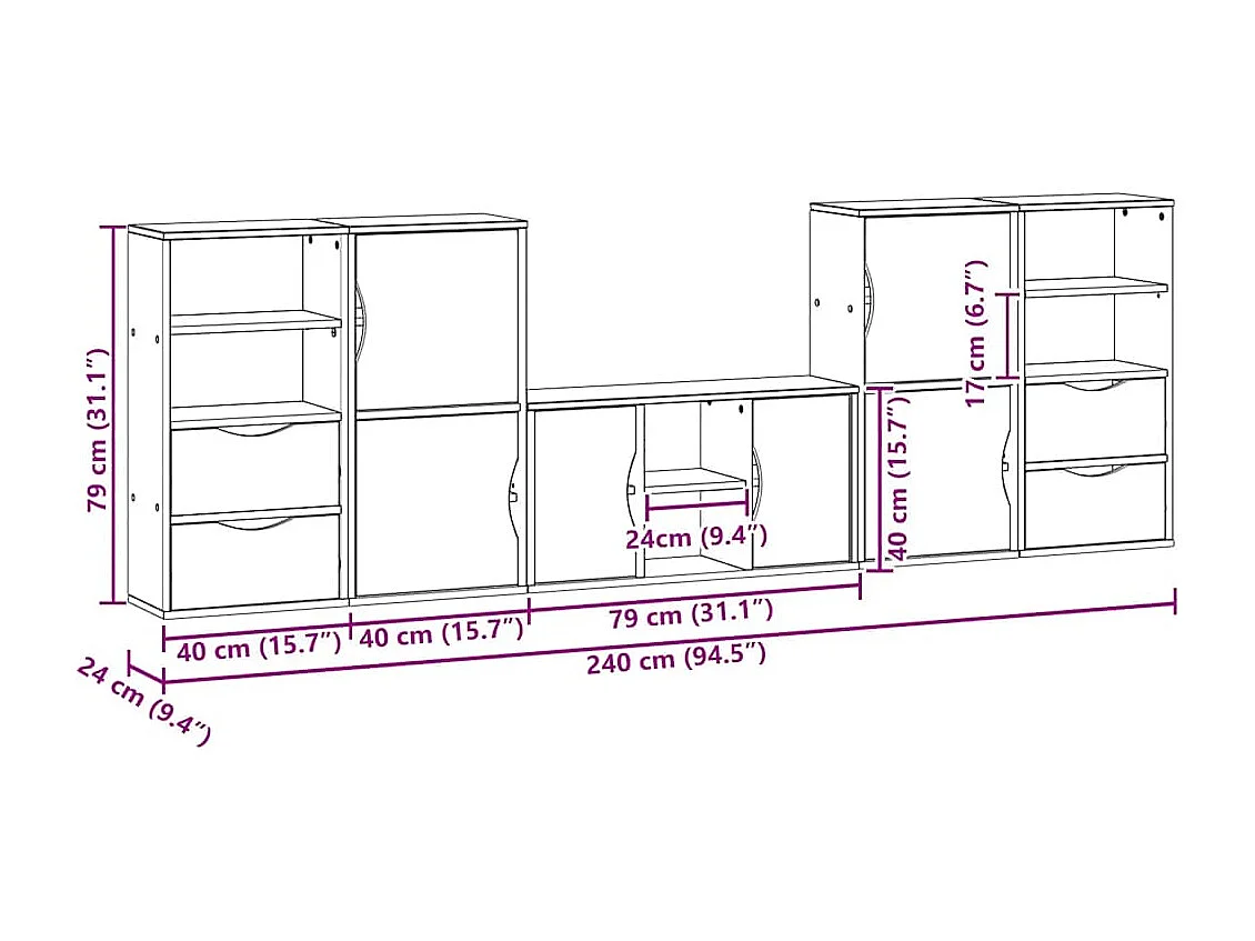 5-tlg. Wohnwand mit Stauraum ODDA Weiß Massivholz Kiefer