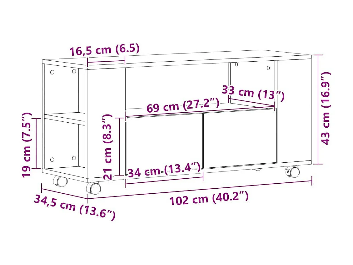 Meuble TV avec roulettes chêne noir bois d'ingénierie