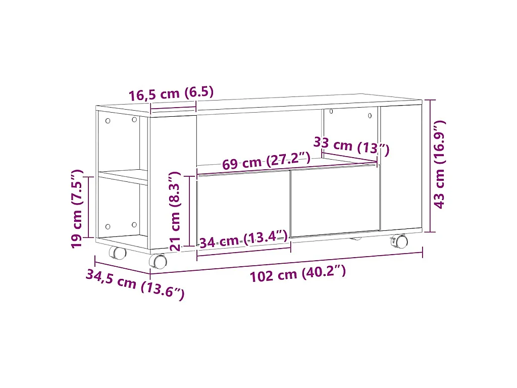 TV-Schrank mit Rollen Schwarz Eichen-Optik 102x34,5x43cm