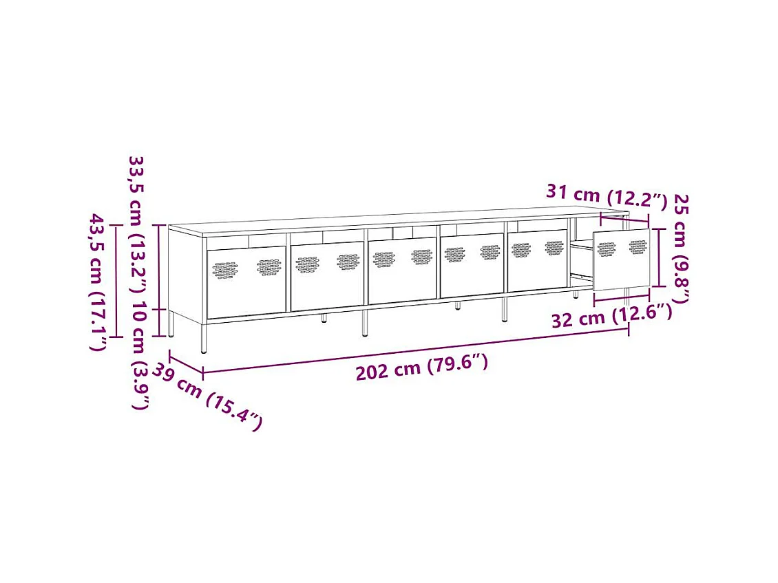 Mueble TV acero laminado en frío amarillo mostaza 202x39x43,5cm