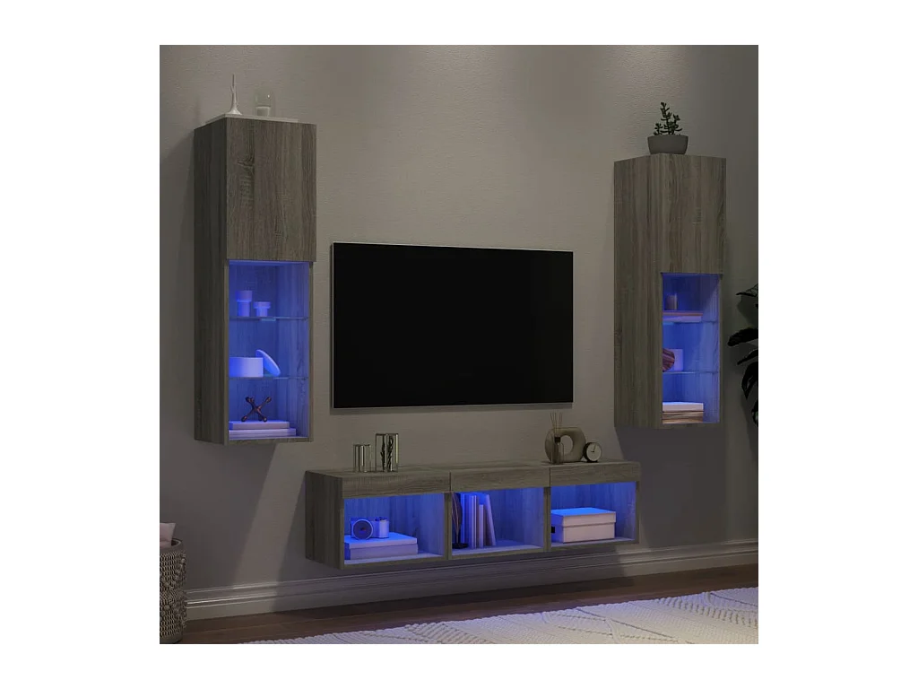 5-tlg. Wohnwand mit LED-Beleuchtung Grau Sonoma Holzwerkstoff