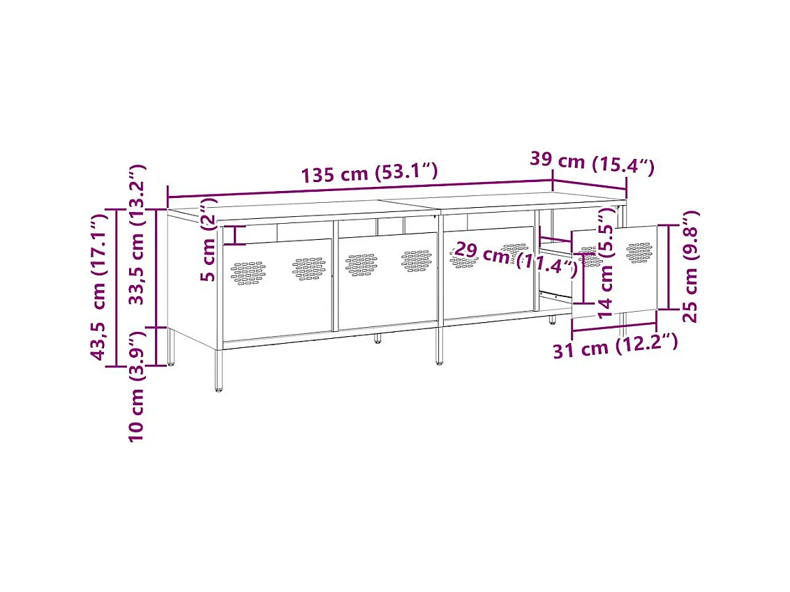 Meuble TV jaune moutarde 135x39x43,5 cm acier laminé à froid