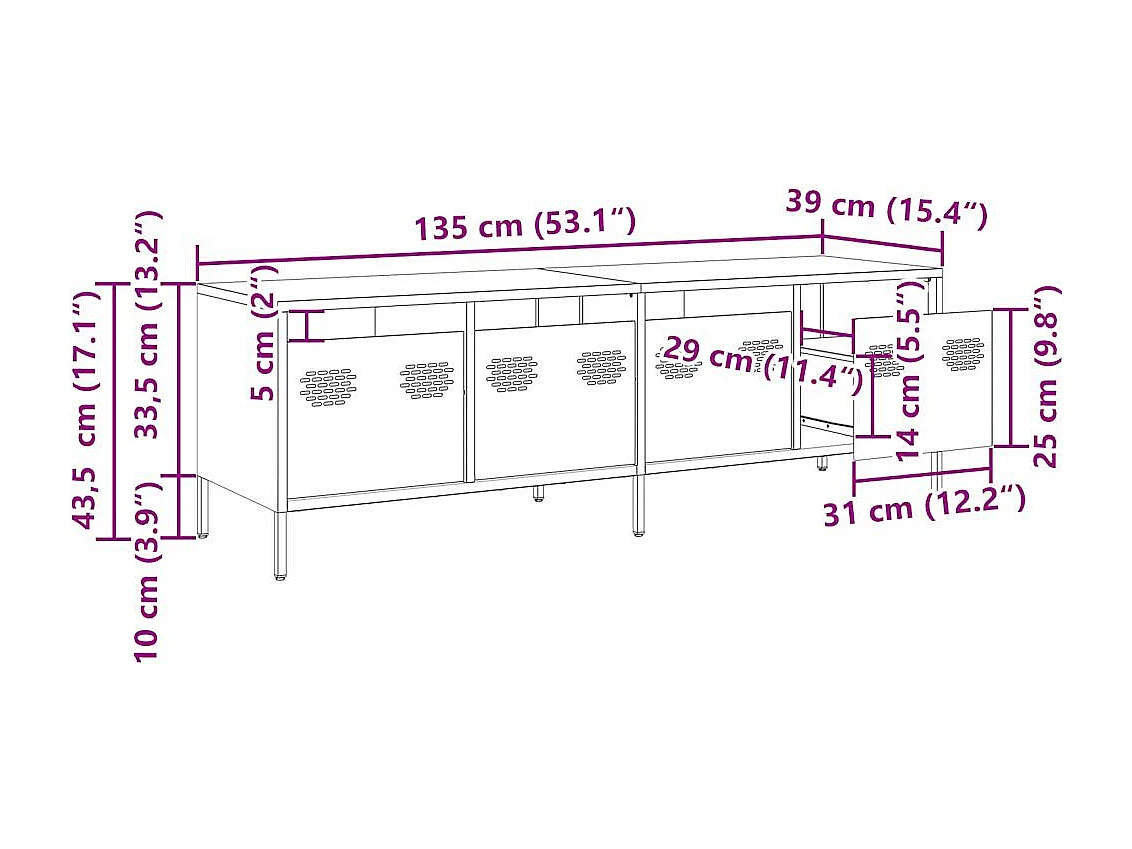 Meuble TV jaune moutarde 135x39x43,5 cm acier laminé à froid
