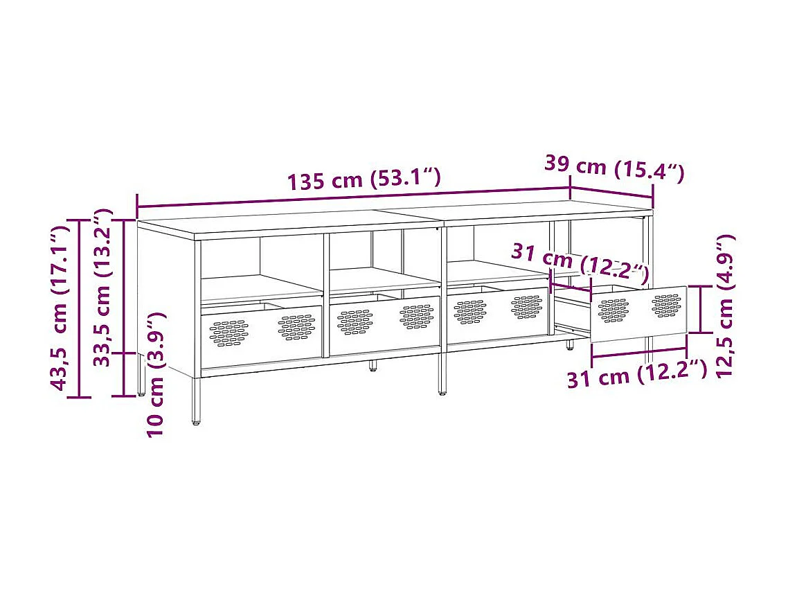 Meuble TV rose 135x39x43,5 cm acier laminé à froid