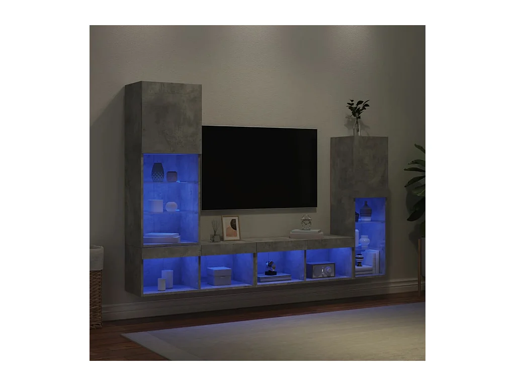 Unités murales TV avec LED 4 pcs gris béton bois d'ingénierie