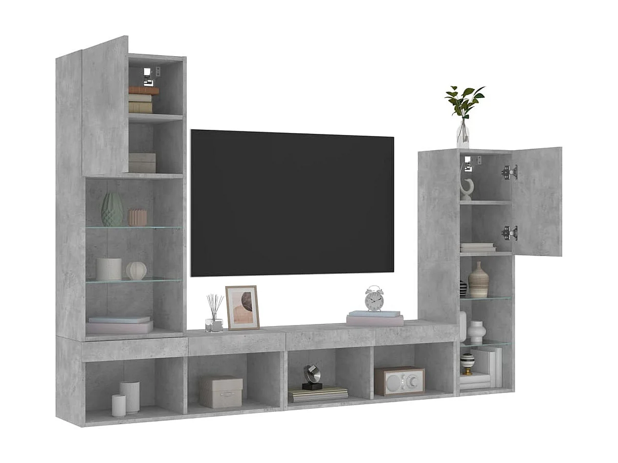 4 pcs móveis parede p/ TV c/ LEDs deriv. madeira cinza cimento