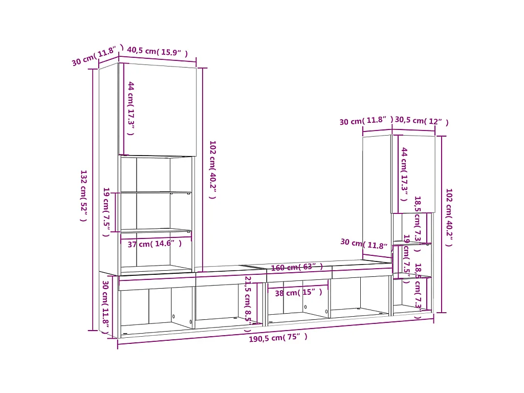 Unités murales TV avec LED 4 pcs gris béton bois d'ingénierie