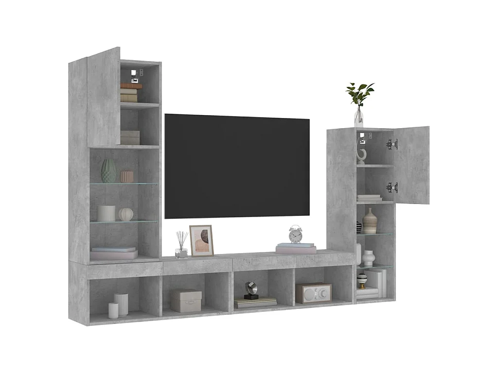 Unités murales TV avec LED 4 pcs gris béton bois d'ingénierie