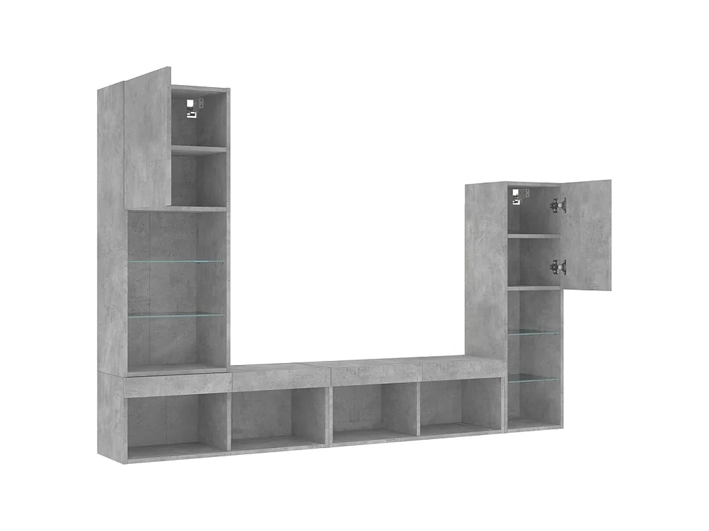Unités murales TV avec LED 4 pcs gris béton bois d'ingénierie