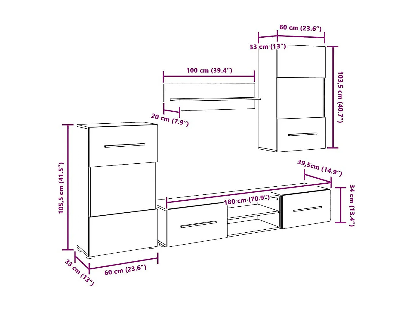 Meubles TV avec lumière LED 5 pcs gris pierre bois d'ingénierie