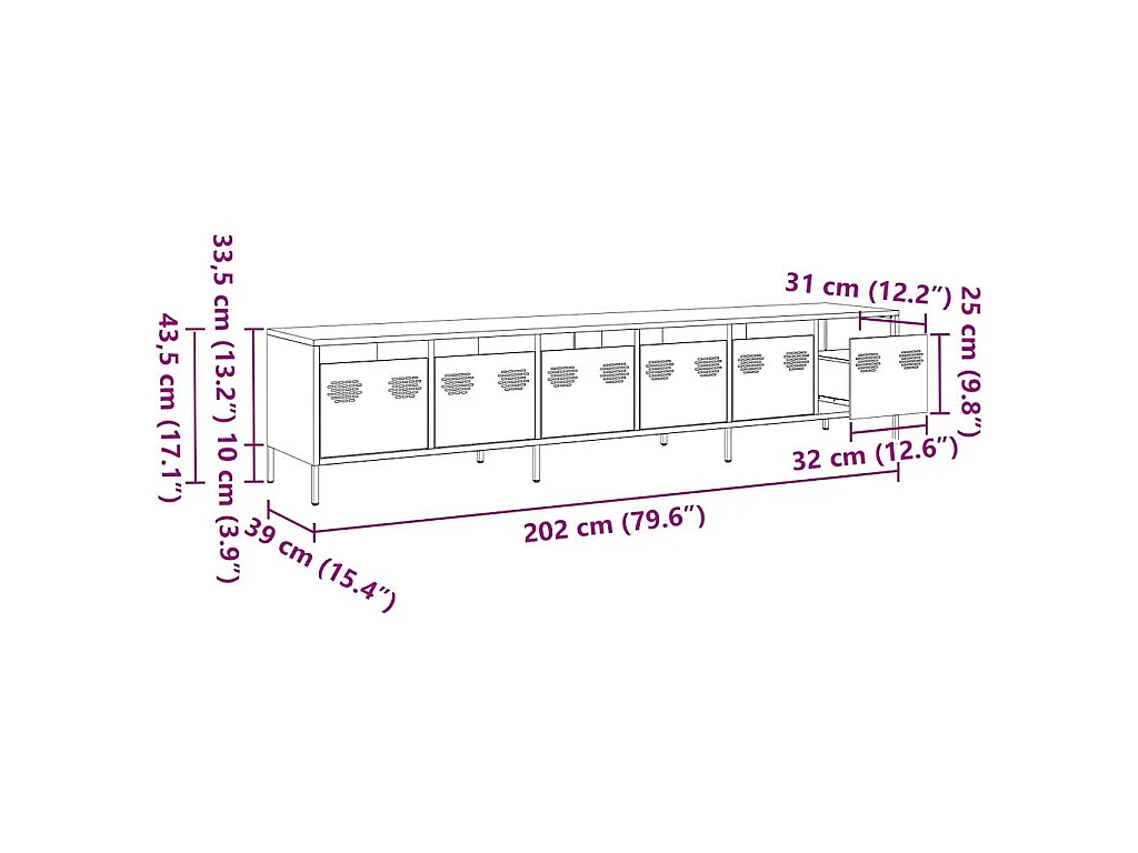 Meuble TV anthracite 202x39x43,5 cm acier laminé à froid