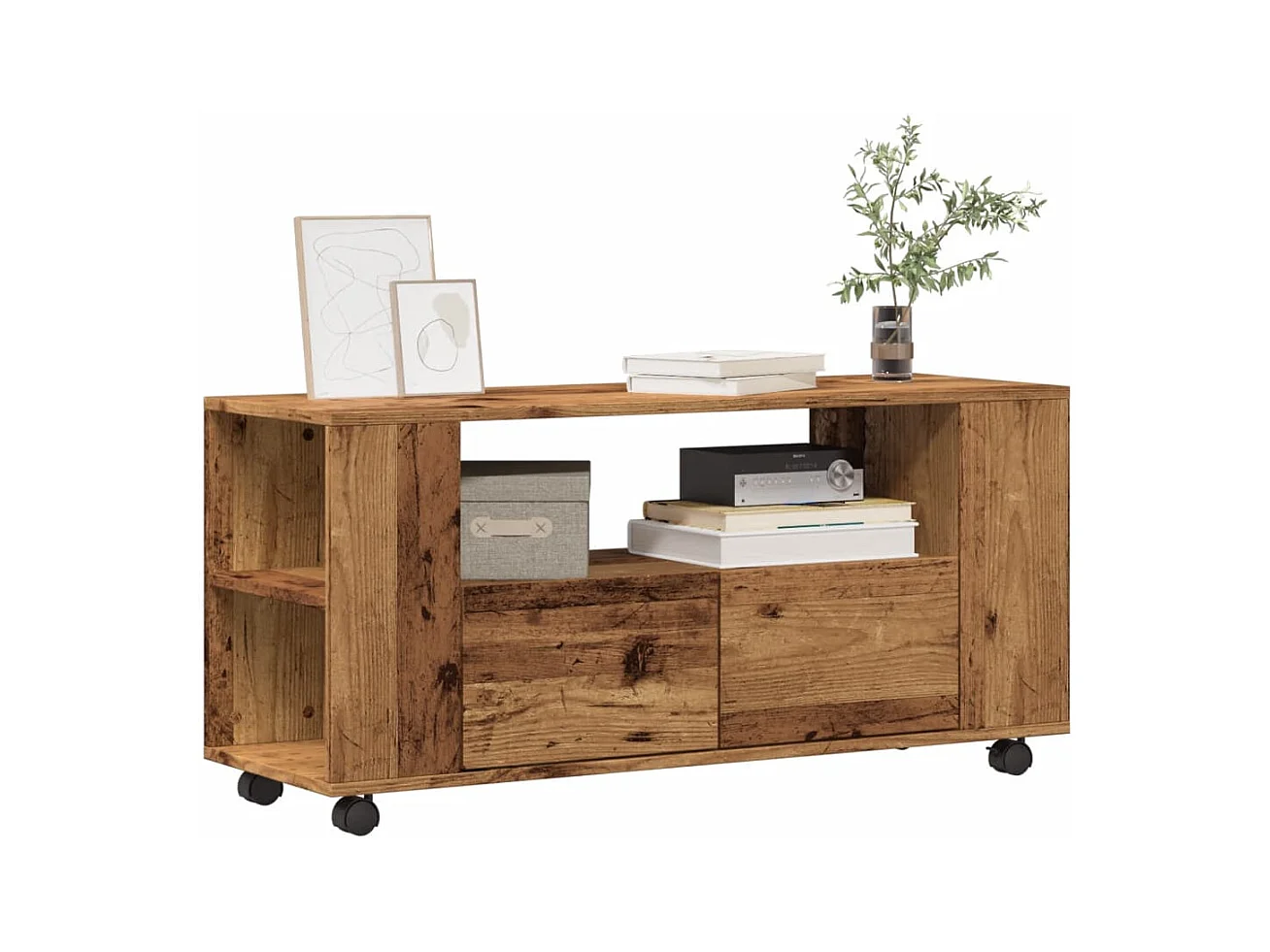 Tv-meubel met wielen 102x34,5x43 cm bewerkt hout oud hout