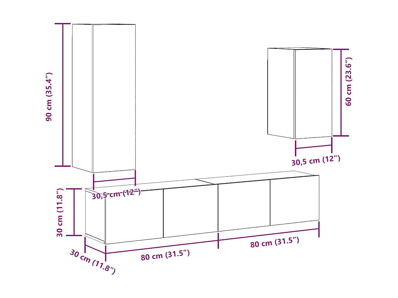 Set Mobile TV 4 pz Montato a Parete Legno Antico in Truciolato