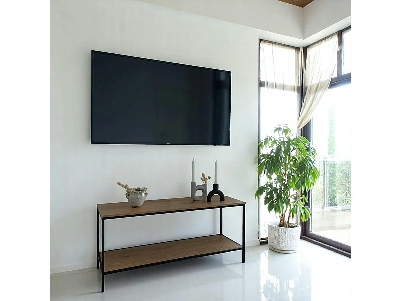 Petit meuble TV effet chêne clair - 2 niveaux de rangement TALLINN