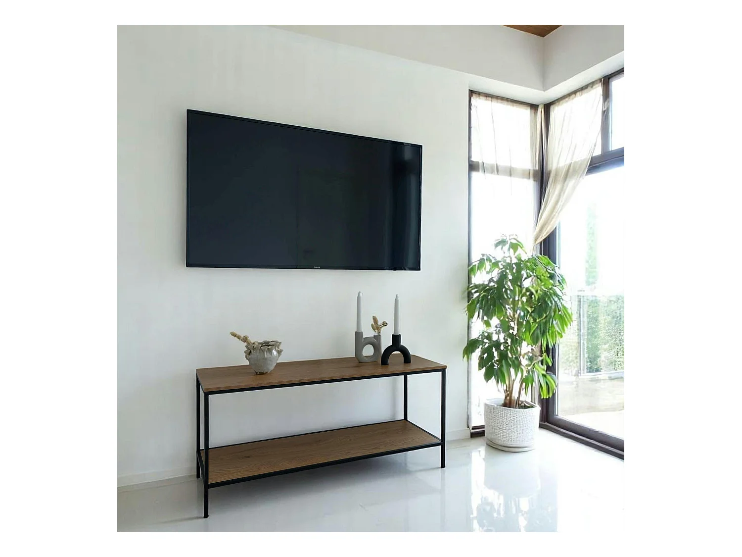 Petit meuble TV effet chêne clair - 2 niveaux de rangement TALLINN