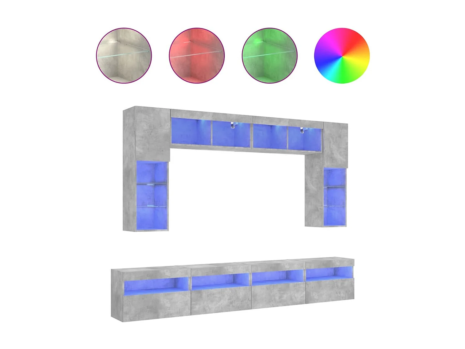 8-tlg. TV-Wohnwand mit LED-Leuchten Betongrau