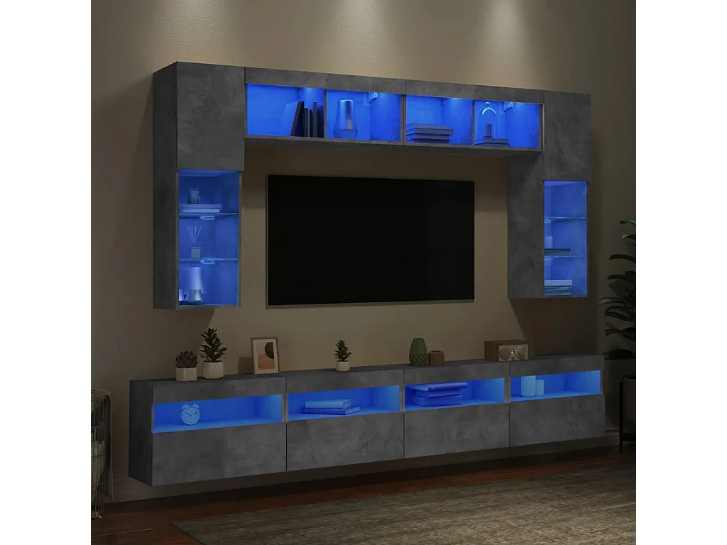 8-tlg. TV-Wohnwand mit LED-Leuchten Betongrau
