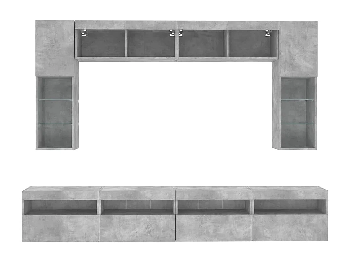 8-tlg. TV-Wohnwand mit LED-Leuchten Betongrau