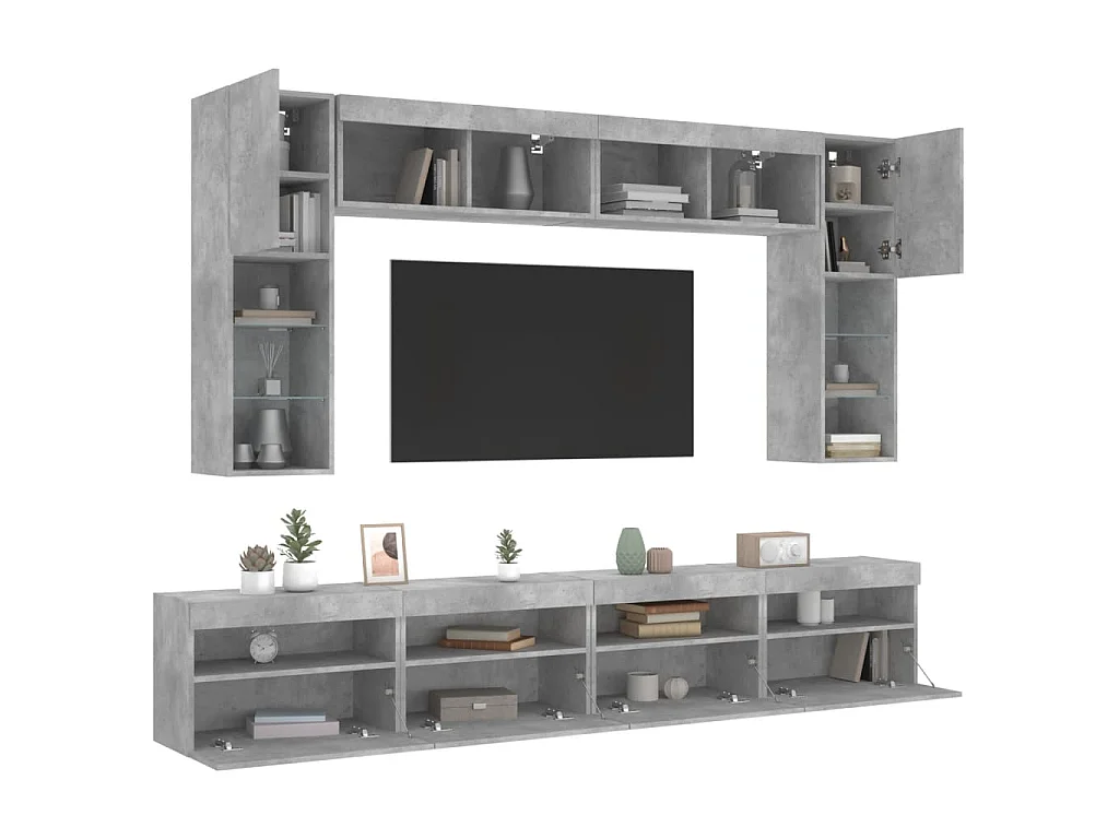Muebles de TV de pared con luces LED 8 piezas gris hormigón