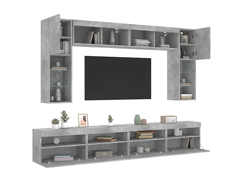 Set Mobili TV a Muro 8 pz con Luci LED Grigio Cemento