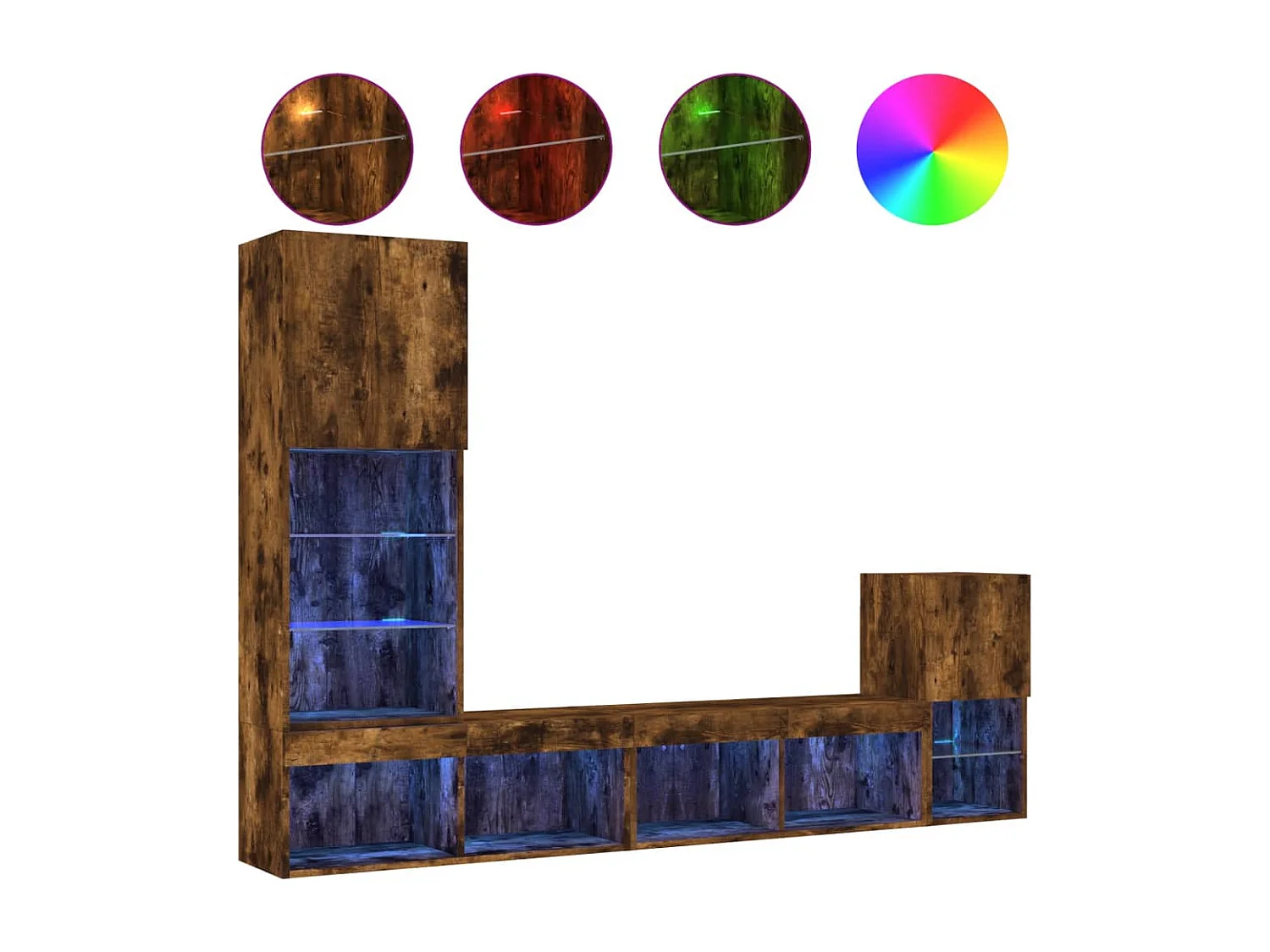 4-tlg. Wohnwand mit LED-Beleuchtung Räuchereiche Holzwerkstoff