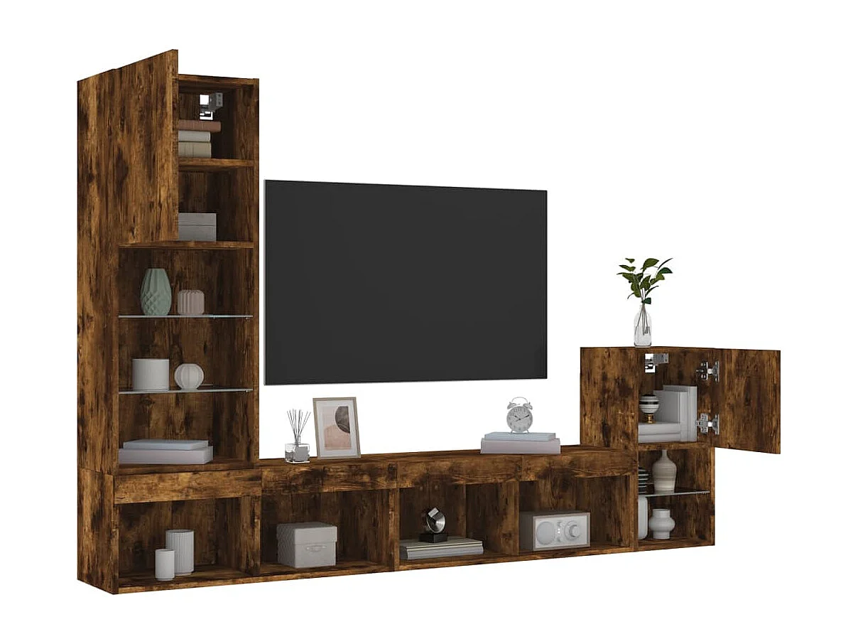 4-tlg. Wohnwand mit LED-Beleuchtung Räuchereiche Holzwerkstoff
