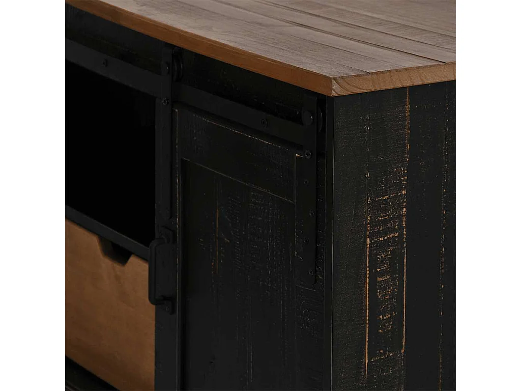 Meuble TV HALDEN porte coulissante noir 110x40x60cm bois massif