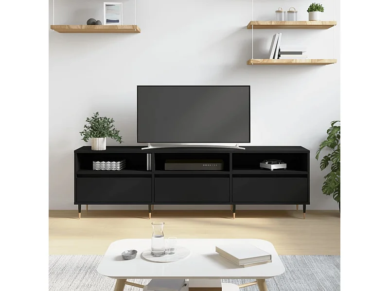 Czarny mebel TV 150x30x44,5 cm z drewna inżynieryjnego z dużą przestrzenią do przechowywania