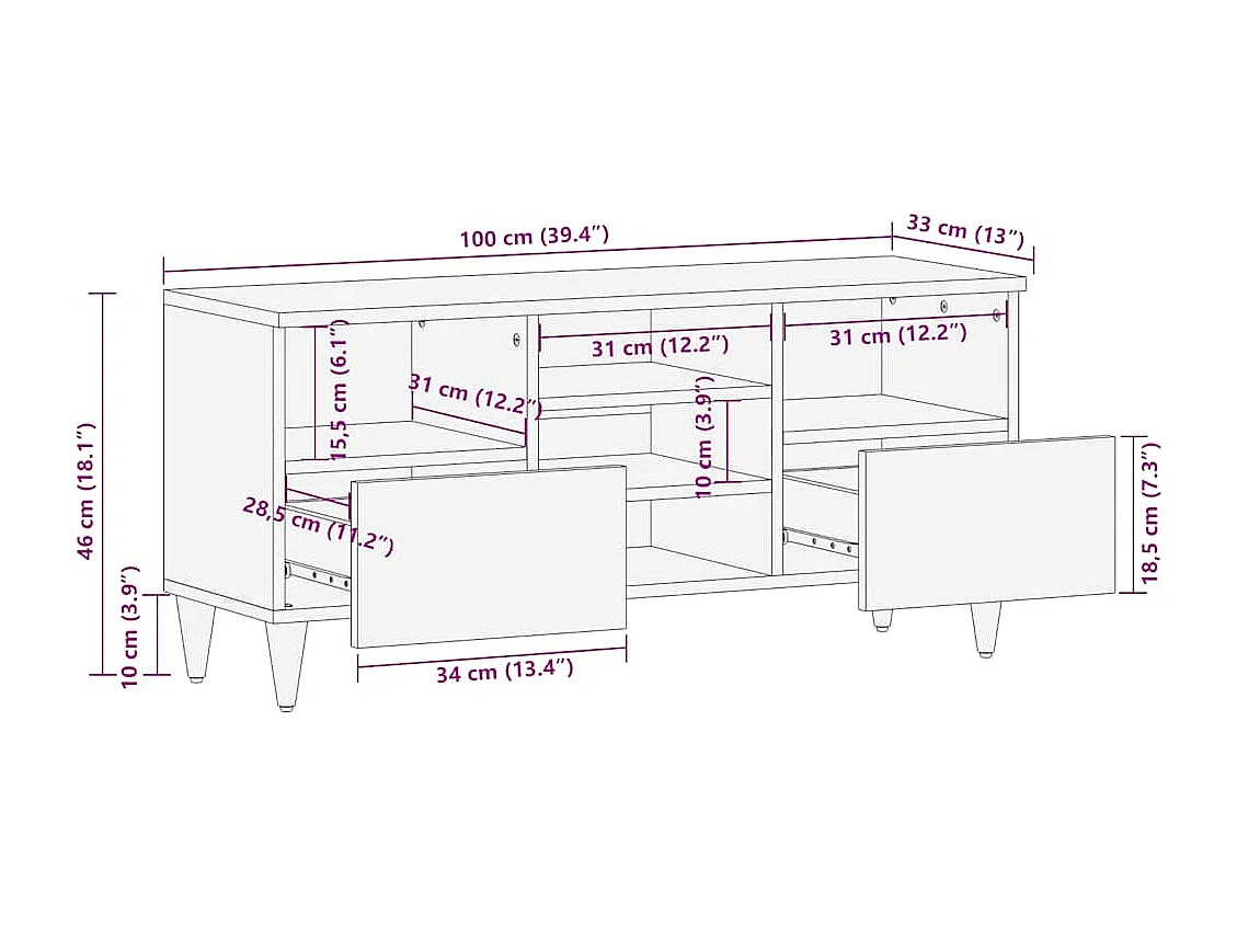 Mueble de TV madera maciza de mango negro 100x33x46 cm
